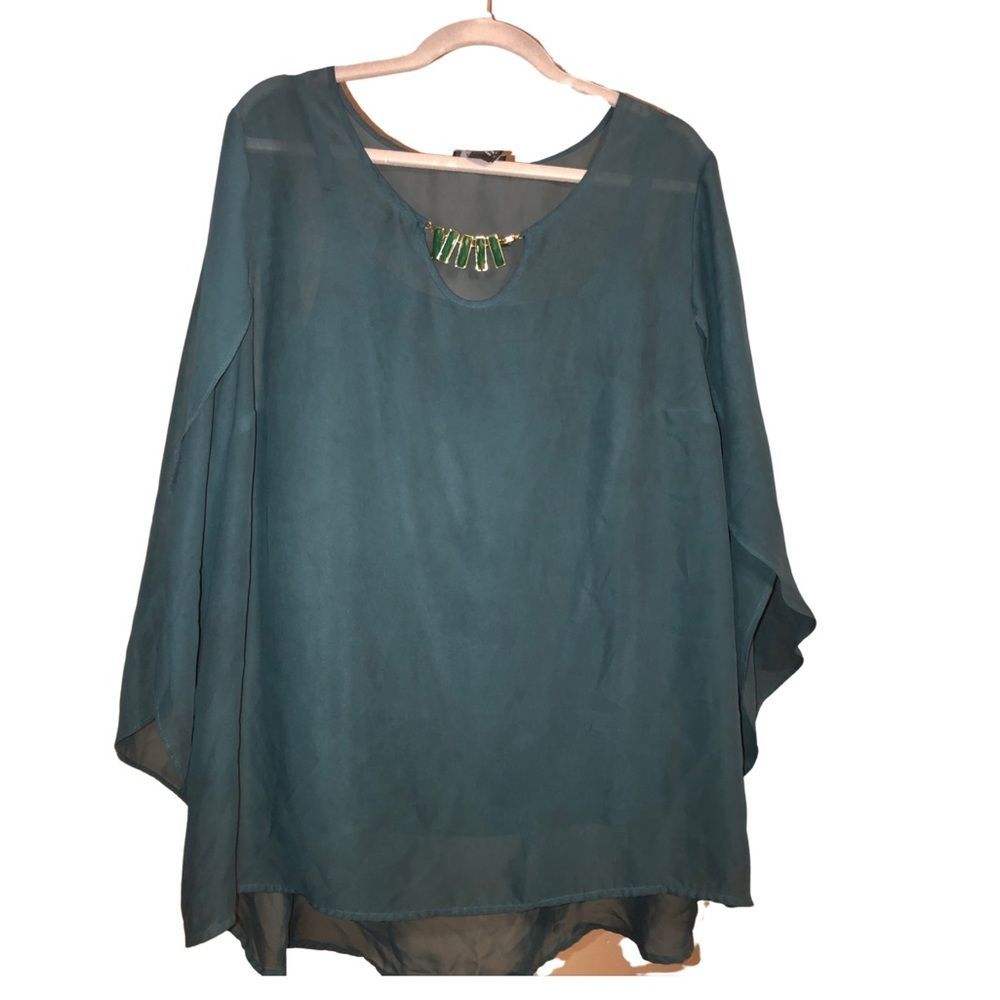 Alyx 2X Green Tulip Sleeve Blouse